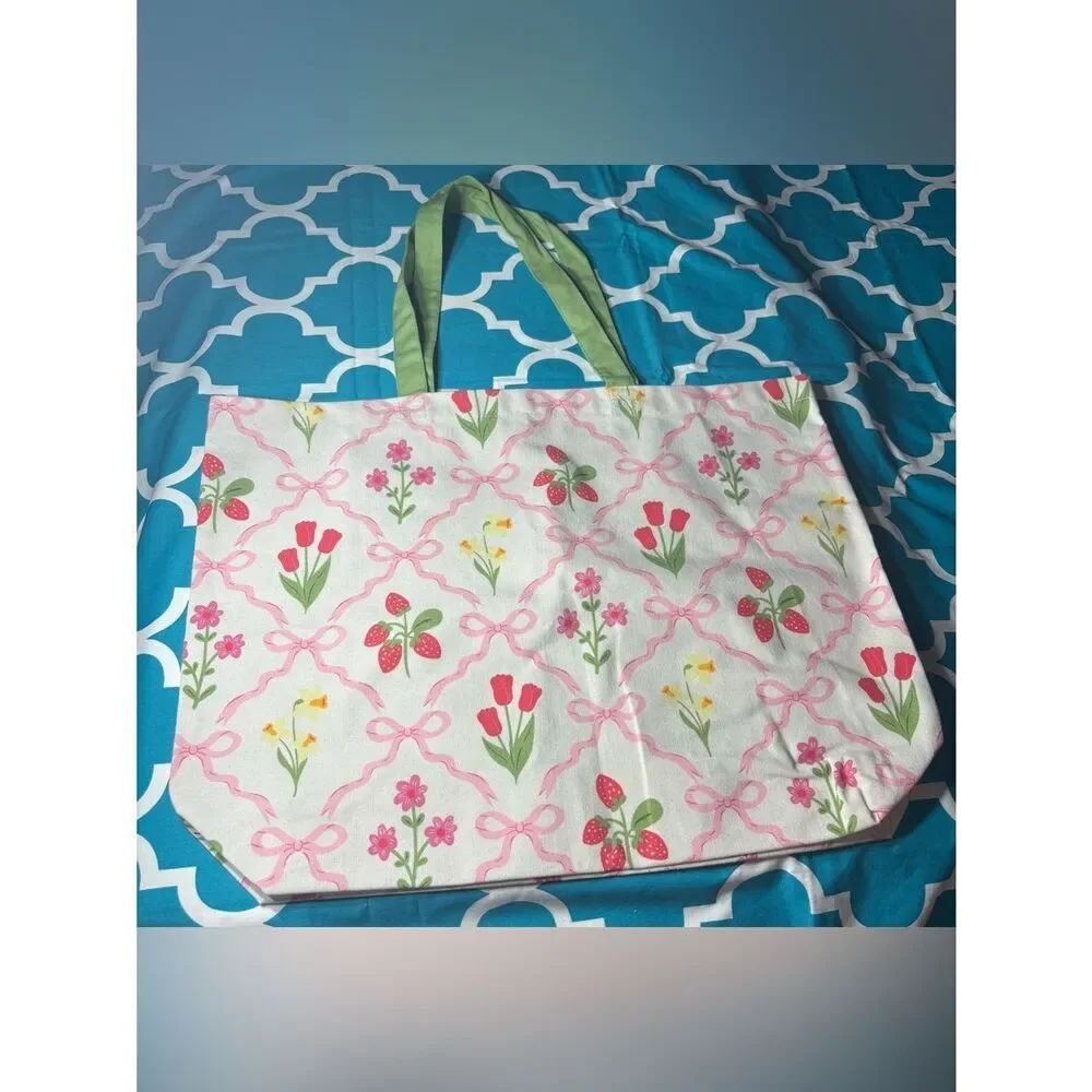 New Strawberry & Bow Canvas Tote with Green Handles 15” x 20”